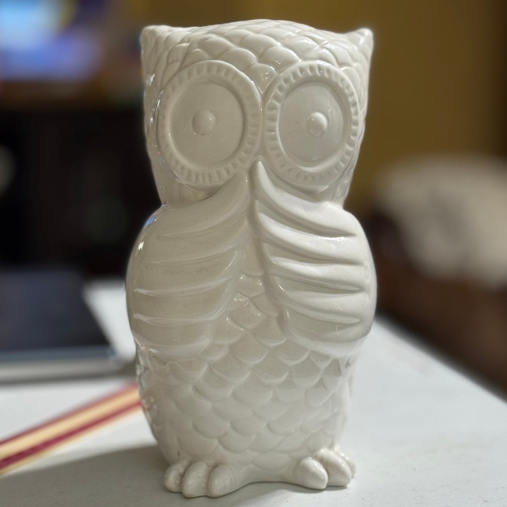 Ceramic Owl Figurine 7in White Speak No‎ Evil Textured Glossy Decor